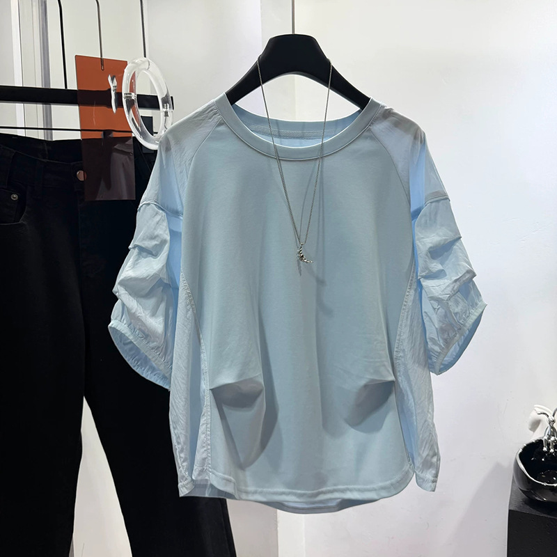 Stylish Puff Sleeve Round Neck Patchwork Short Sleeve T-Shirt for Women, Summer Plus Size Loose Fit Slimming Niche Blue Top Trendy Stylish Puff Sleeve Round Neck Patchwork Short Sleeve T-Shirt for Women, Summer Plus Size Loose Fit Slimming Niche Blue Top Trendy