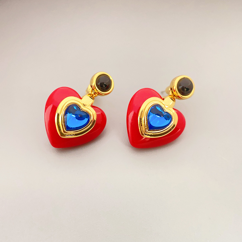 Daily, Date Occasion Copper Material 1 Pair Sweet Heart Shape Inlay Copper Artificial Gemstones Drop Earrings