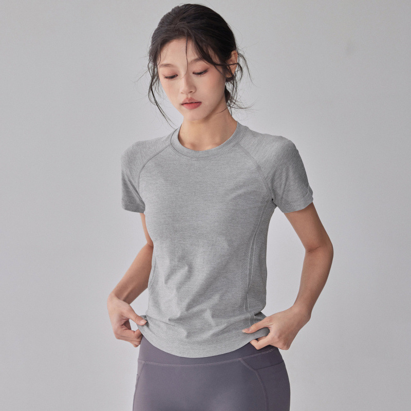 Fitness Round-Neck Elastic Yoga Wear Short-Sleeved Breathable Quick-Drying Running T-Shirt Summer Sports Slimming Top Cross-Border