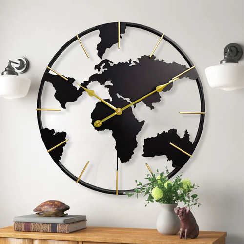Modern entryway art wall clock world map round iron fashion wall clock cross-border e-commerce clock clock