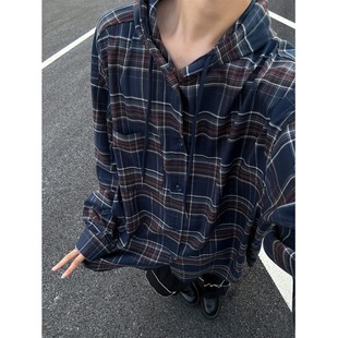 Early autumn American versatile casual plaid shirt loose retro hooded shirt jacket loose trendy men and women