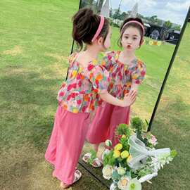 女童套装儿童夏季碎花上衣时髦阔腿裤新款女宝宝夏装两件套潮