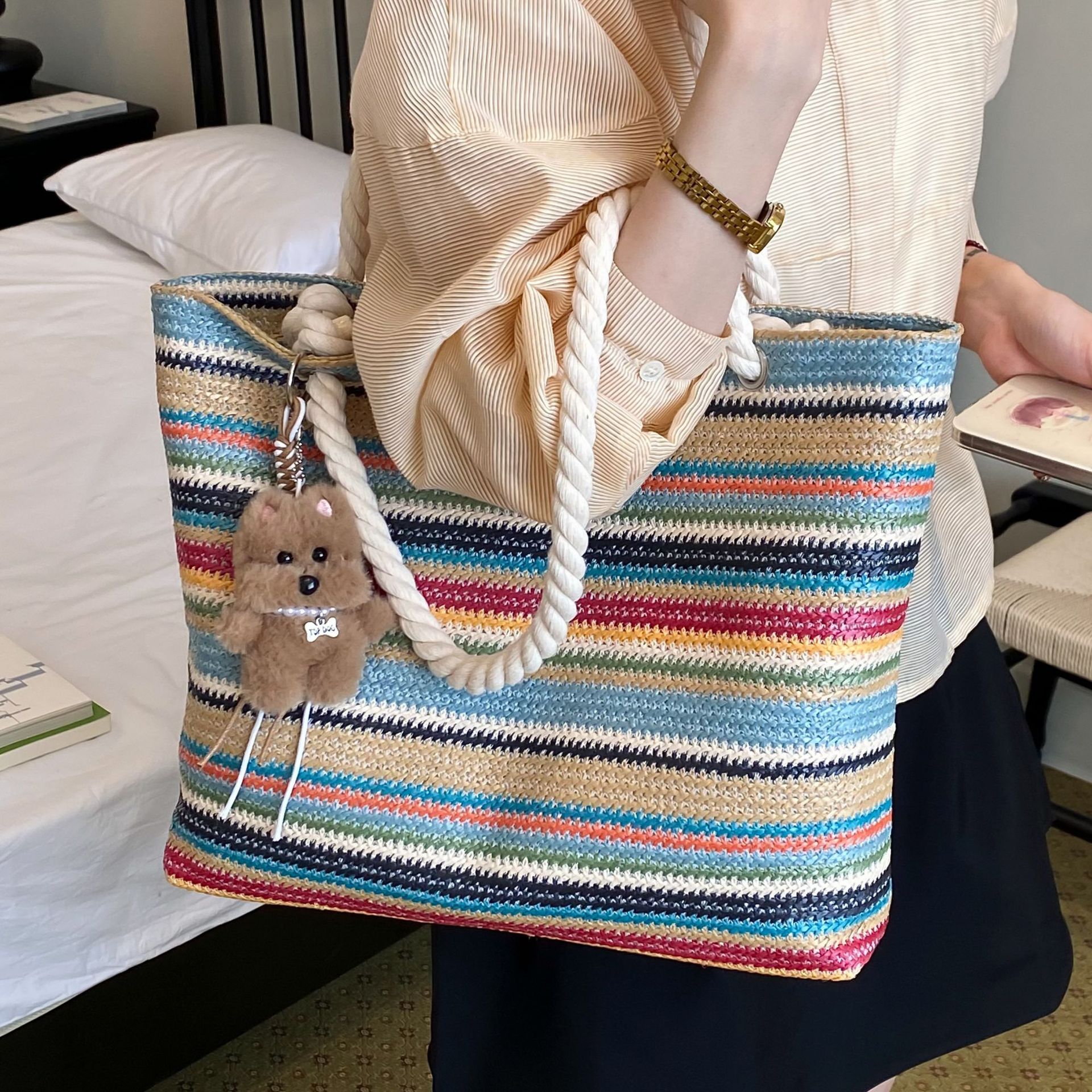 Handmade Rattan Woven Shoulder Bag With Leather Trim And Handle_voghion.com