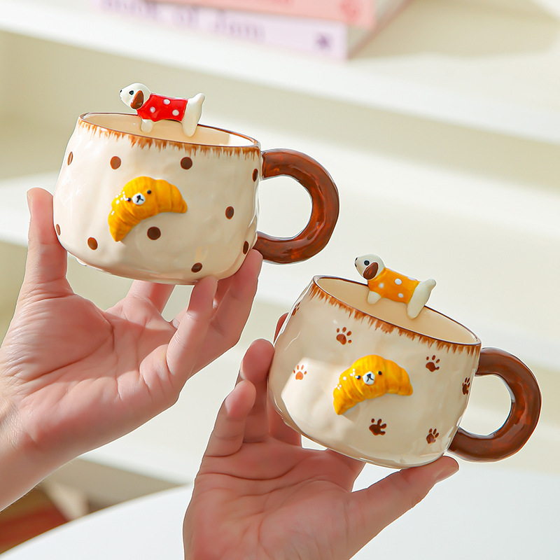 Tazas de cerámica para cachorros, copas de agua, tazas pintadas a mano, tazas de café de oficina en el hogar, regalos de cumpleaños para chicas