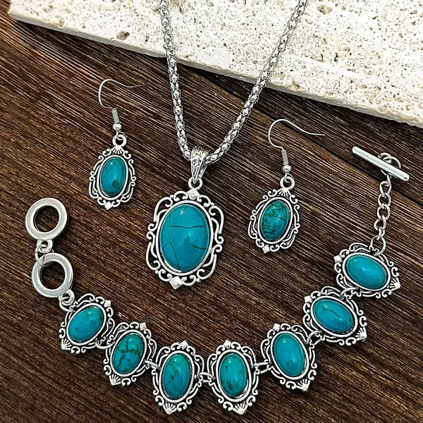 European and American Retro Turquoise Jewelry Set for Women, Fashionable Ol Earrings, Necklace, Bracelet Three-Piece Set, Cross-Border Jewelry Wholesale