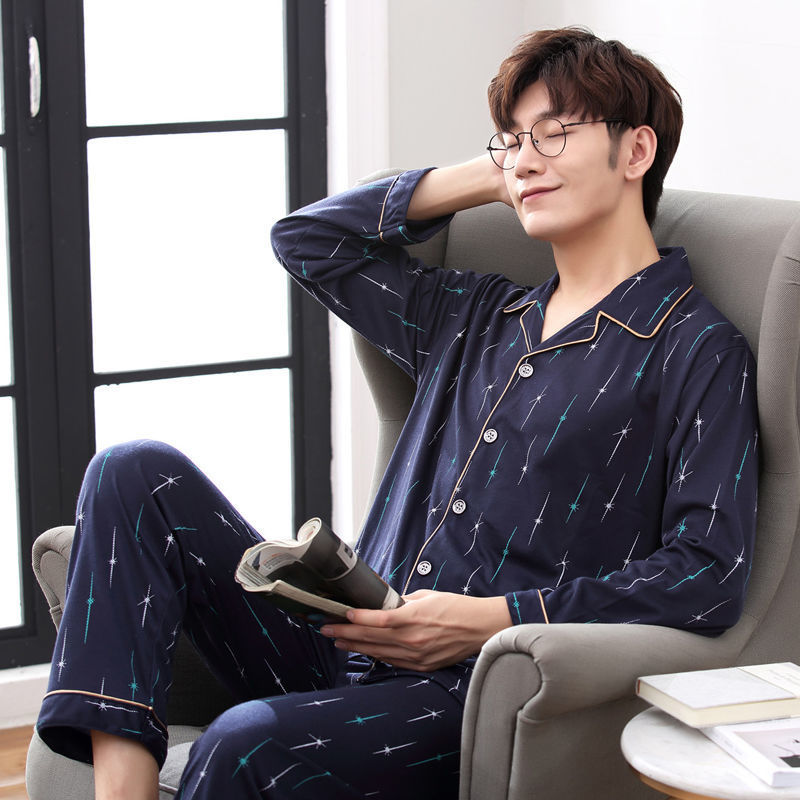 Pijamas de primavera y otoño de algodón de manga larga para hombres pijamas de otoño e invierno para hombres jóvenes de mediana edad delgada día de verano traje de uso doméstico