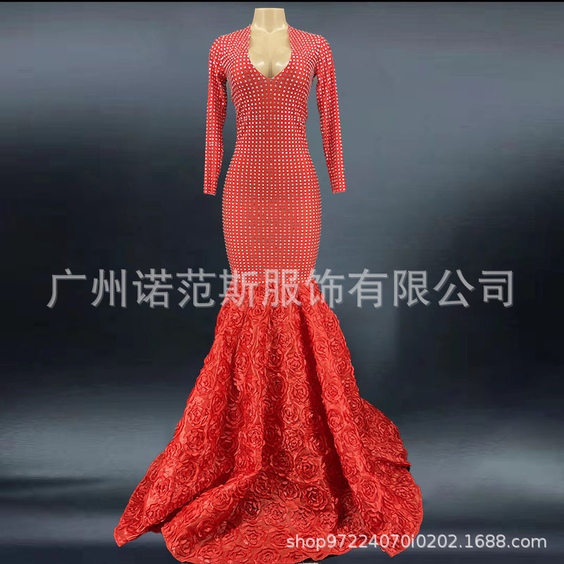 Evening Dress 2024 Red Crystal Elegant Mermaid Dress Cocktail Long-Sleeved Formal Party Dress Stunning