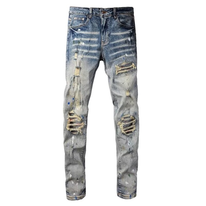 American High Street Fashion Brand Amiri Retro Distressed Splash-Ink Ripped Patch Jeans Men's Elastic Slim Fit Pants