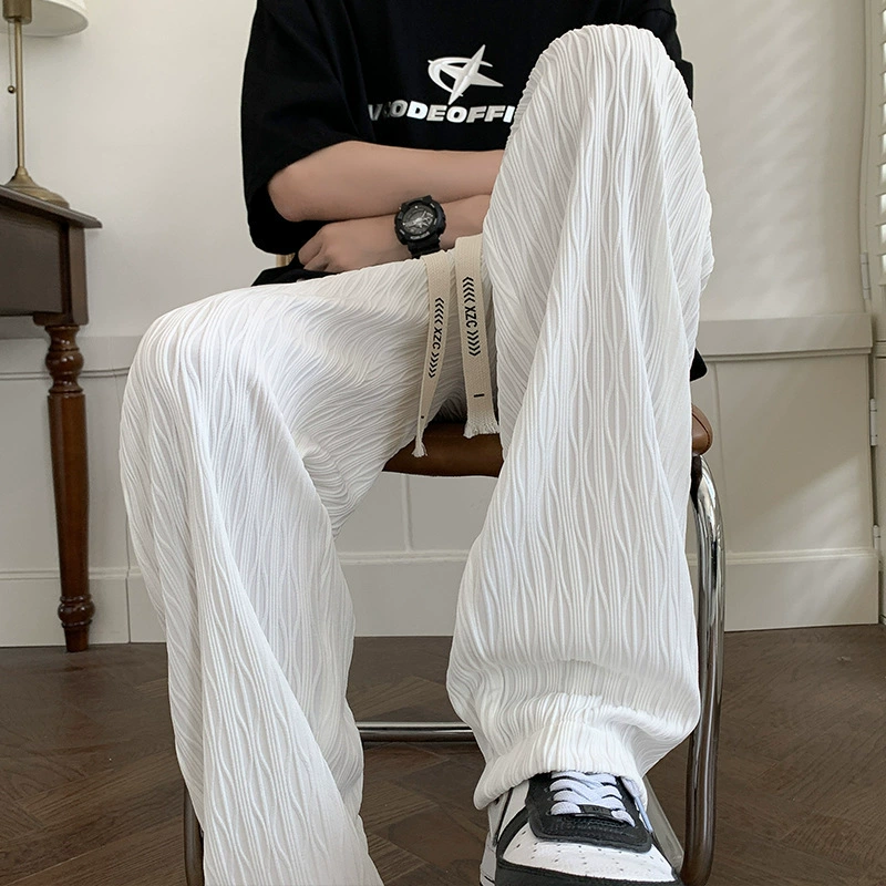 Текстурированный прилив свободного прямого кроя широкие брюки новые мужские белые повседневные брюки свисают брюки из ледяного шелка для мужчин летом