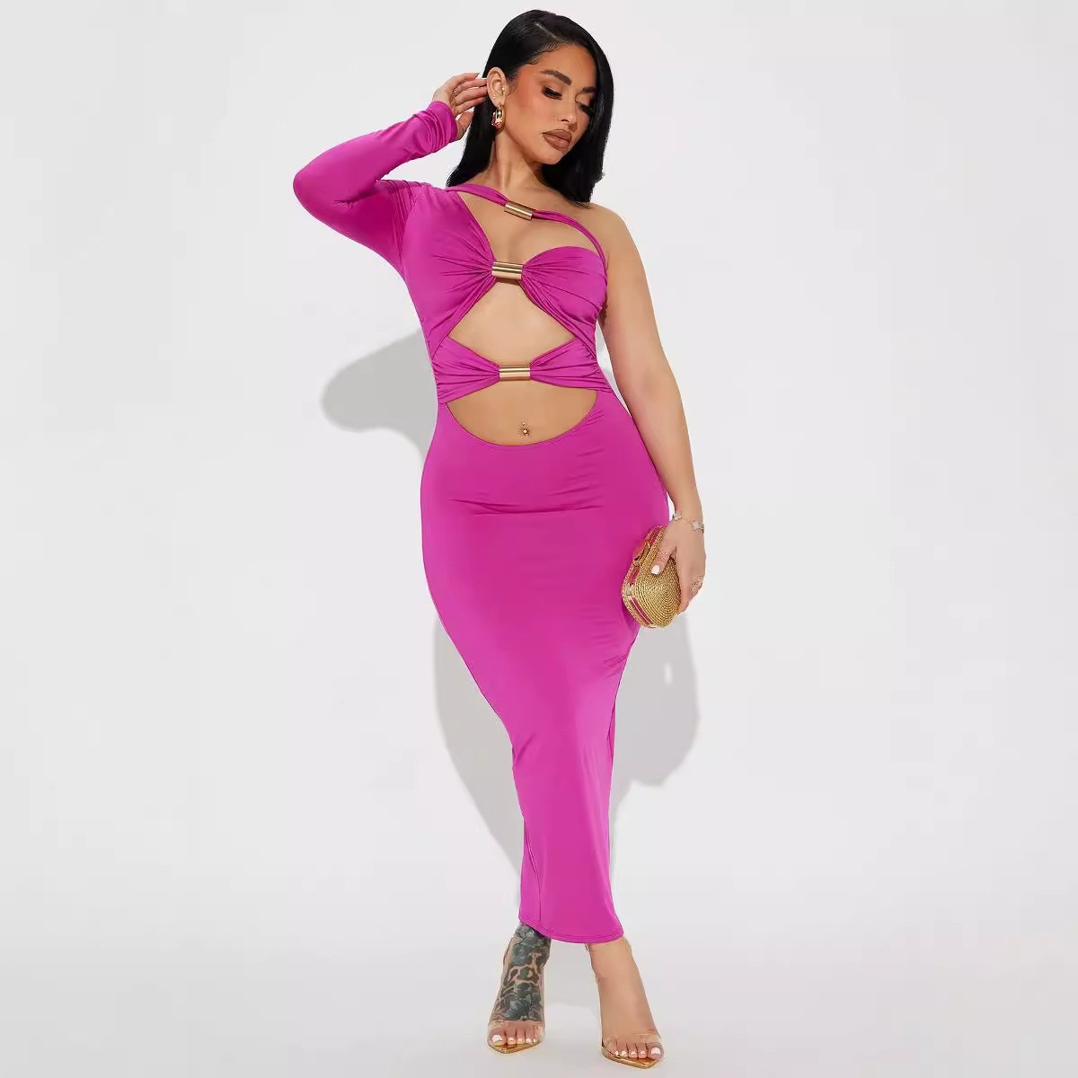 Women Clothing Sexy Cutout Metal Tube Slim Fit Maxi Dress Diagonal Collar Shoulder Sleeve Sheath Pencil Dress
