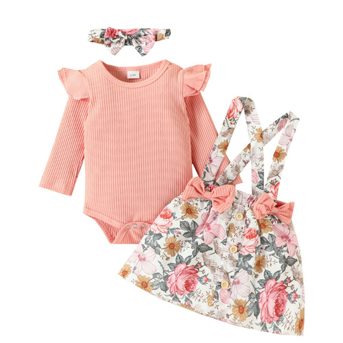 Foreign trade cross-border infants and toddlers pure color triangular haricot long-sleeved onesie with print belt dress headscarf set dress