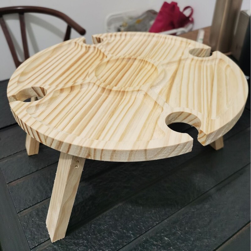Outdoor Picnic Solid Wood Small Dining Table, Foldable Wooden Tea Cup and Dried Fruit Tray, Household Divided Wooden Dinner Plate