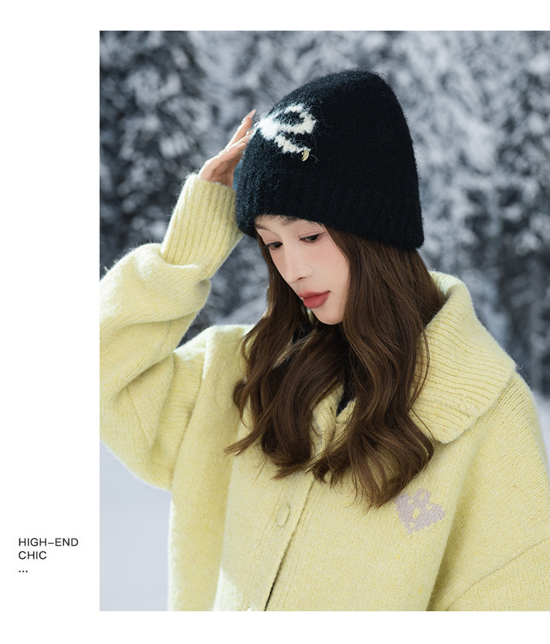 Swee Cue Bow Jacquard Knied Beanie Auumn Winer Lierary Versaile Large Head Circumference Wool Cold-proof Warm_voghion.com