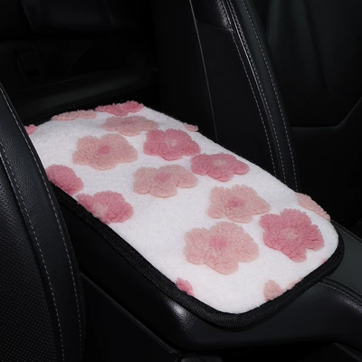 New Floral Lamb Wool Car Armrest Box Mat in Vibrant Red, Cross-Border Dropshipping (Armrest box pad) - pink