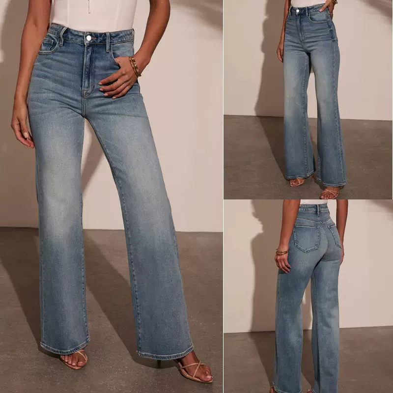 外贸欧美牛仔裤女新款热销跨境气质通勤阔腿裤水洗弹力时尚牛仔裤