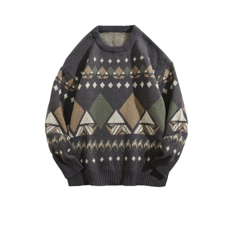 民族風日系復古菱セーターメンズ秋冬のゆったりとしたファッション