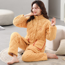 睡衣女秋冬季珊瑚绒三层夹棉法兰绒保暖可外穿家居服套装牛奶绒