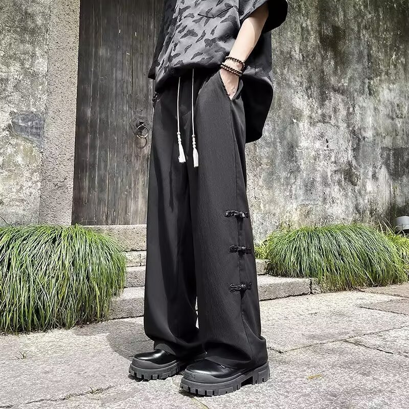 New Chinese Style Men's Pants Niche Design High-End Zhongshan Button Dress Pants Drapey Wide-Leg Straight Casual Pants