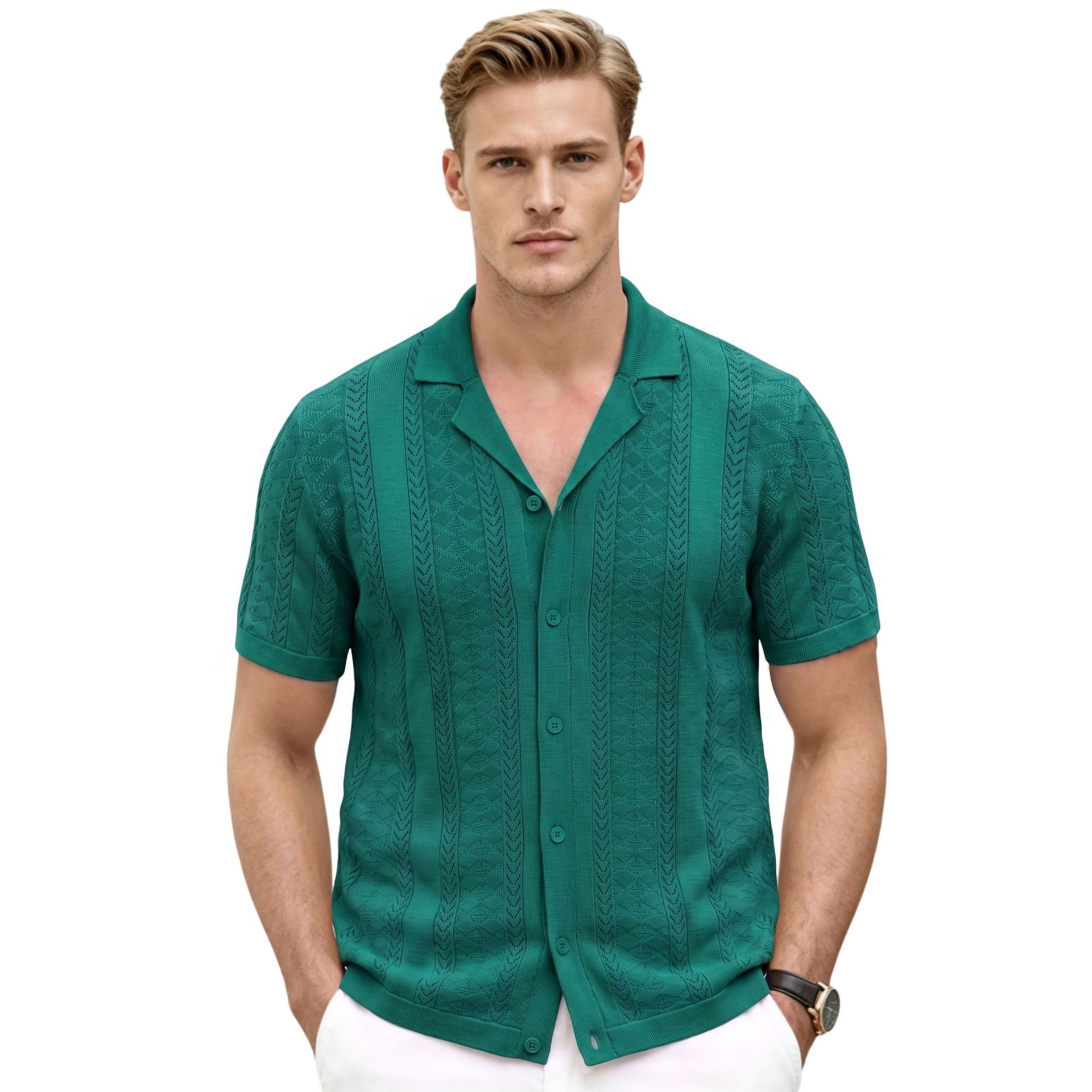 Verano cuello cubano agujero Jacquard camiseta de punto de color sólido transpirable cardigan casual polo camiseta de hombre transfronterizo SJ0194