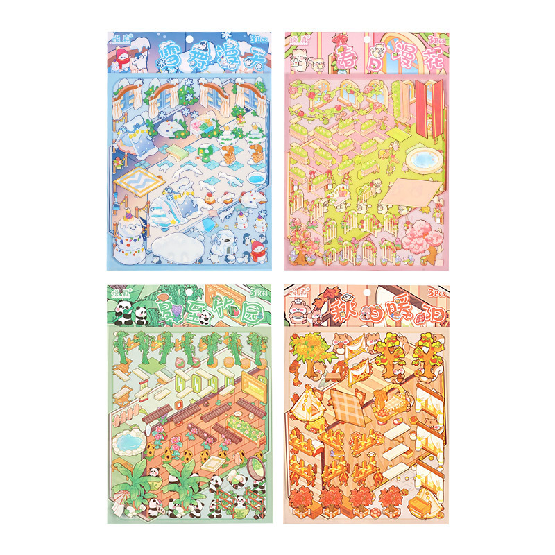 Fantástico cuatro estaciones 3D pegatinas impermeables para mascotas DIY creativas miniaturizadas dibujos animados contabilidad decoración de escenas pegatinas de acertijo