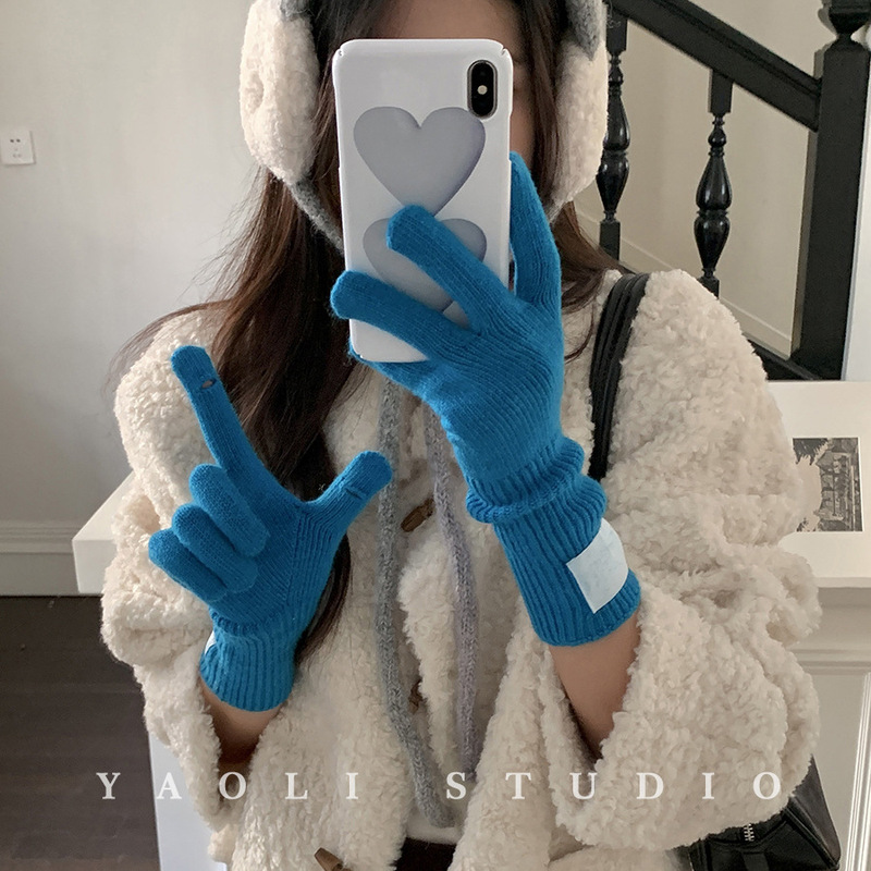 新款韩系含羊毛针织毛线彩标手套女秋冬季保暖露指可触屏骑行防寒|undefined