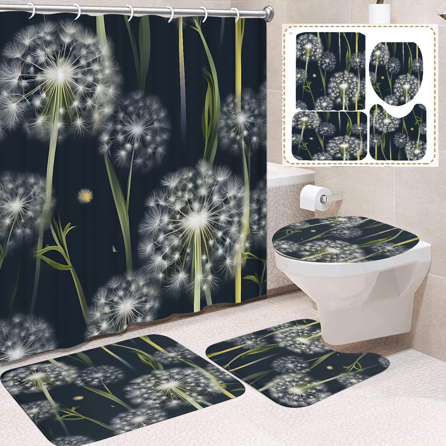 Flor blanca cortina de baño inodoro cortina de partición impermeable de baño cortina de lavado separación seca y húmeda cortina de puerta colgante sin agujeros