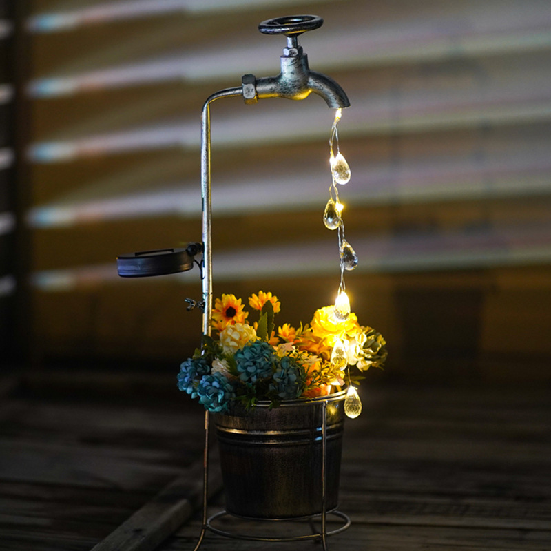 Solar Faucet Lamp Water Drop Flowing Water Outdoor Landscape Lamp Garden Decoration Iron Flower Pot Garden Lamp