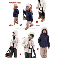 现F25秋款新款男童藏青/米白两色薄绒软壳三防户外服连帽外套