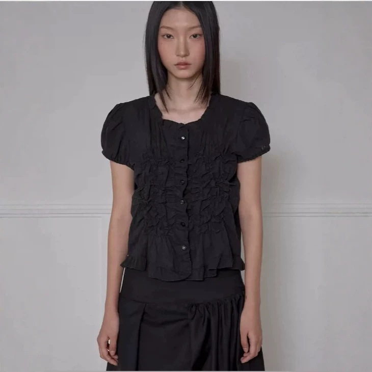 Now Available: Flare*P French Lace Slim-Fit Short-Sleeve Shirt, Korean Designer Women's Clothing, Puff-Sleeve Korean-Style Shirt