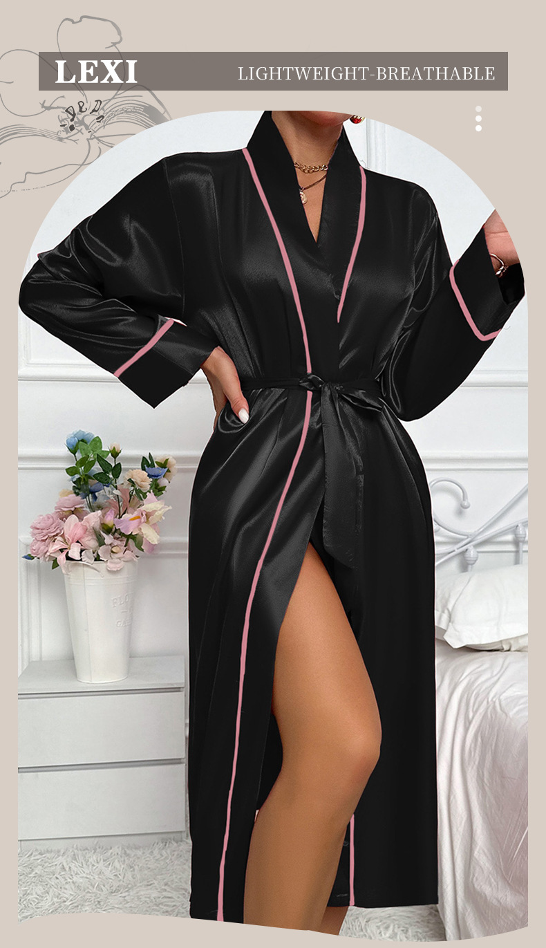 Camisola de seda feminina com decote em v e roupão curto_voghion.com