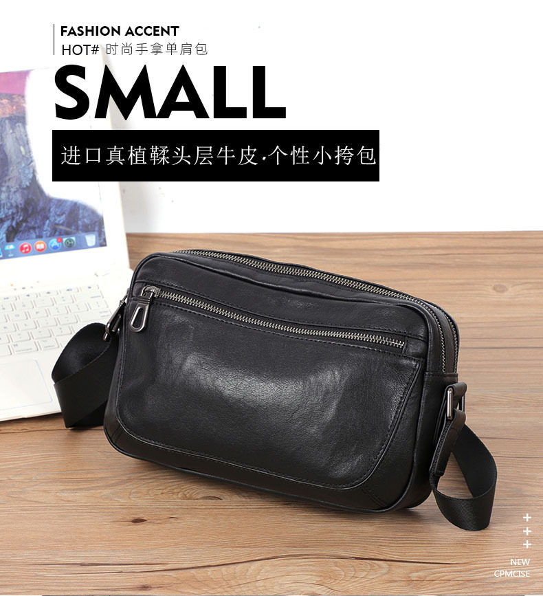 Túi đeo chéo nam da bò lớp đầu, túi đeo vai nhỏ đựng máy tính bảng 8 inch — Màu đen chi tiết 1