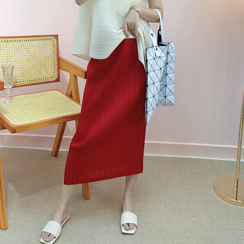 Miyake Versatile Hip-Hugging Straight Skirt Women's Summer Pleated Women's Elastic Waist Fashion Slit Mid-Length Skirt Miyake Versatile Hip-Hugging Straight Skirt Women's Summer Pleated Women's Elastic Waist Fashion Slit Mid-Length Skirt