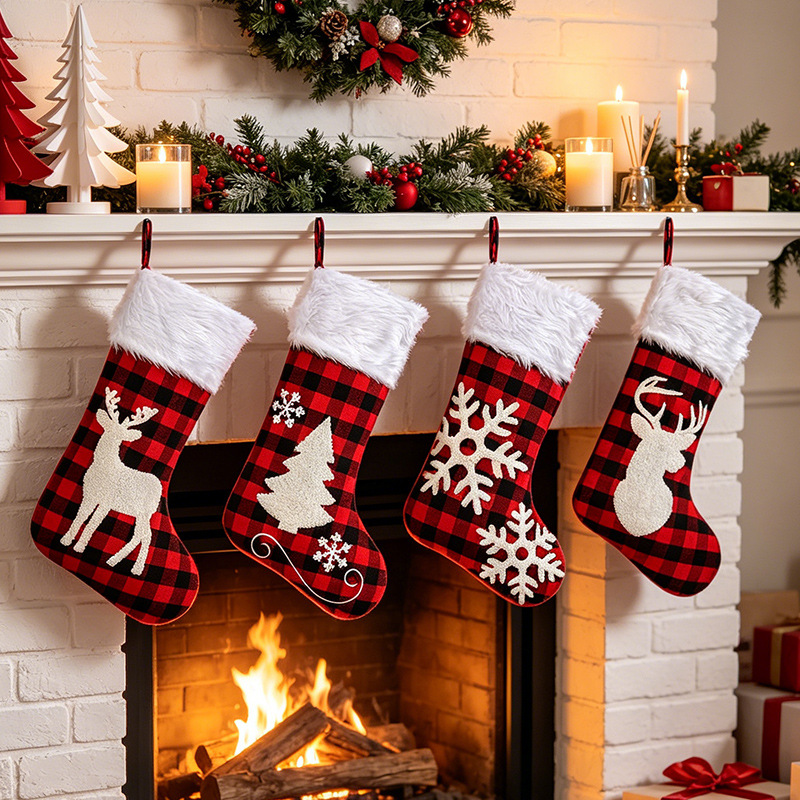 Christmas decorations Christmas socks cross-border red and black plaid snowflake Christmas socks fireplace pendant party decoration