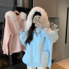 KANING宽松大码连帽针织开衫2025秋冬新款韩版毛领连帽毛衣外套女