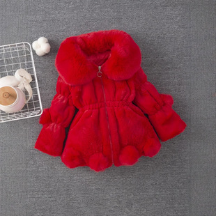 Foreign Trade New Style Thickened Jacket for Girls, Children's Faux Fur Solid Color Coat, Girls' Clothing, Baby Girl's Large Fur Collar Coat