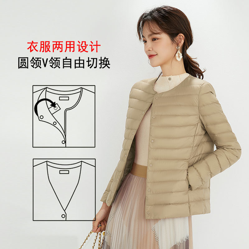 Nuevo chaqueta de plumón ligera para mujeres de invierno y otoño, chaqueta de cuello redondo de cuello en V, doble chaqueta corta grande y delgada