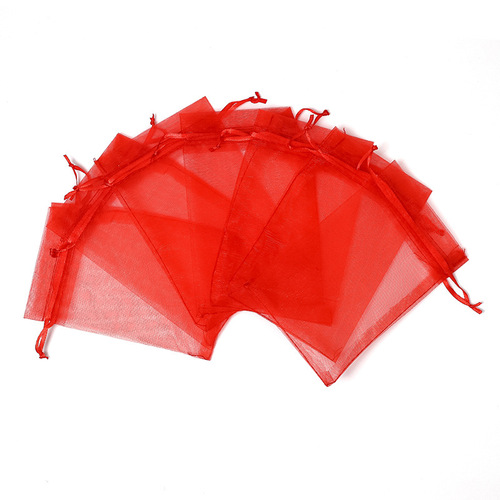 Large Red Mesh Bag with Pearl Yarn, Organza Design, Drawstring for Wedding Favors, Jewelry, Cosmetics, and Gift Storage — Netting Bag