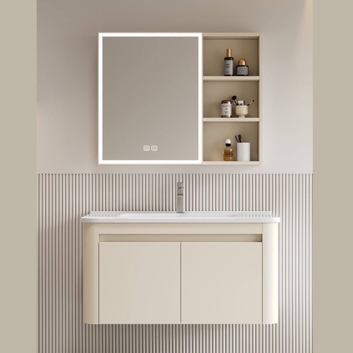 Baño de aire de crema espacio de aluminio panal de baño gabinete conjunto de esquina redondeada cerámica lavabo gabinete de espejo de belleza inteligente