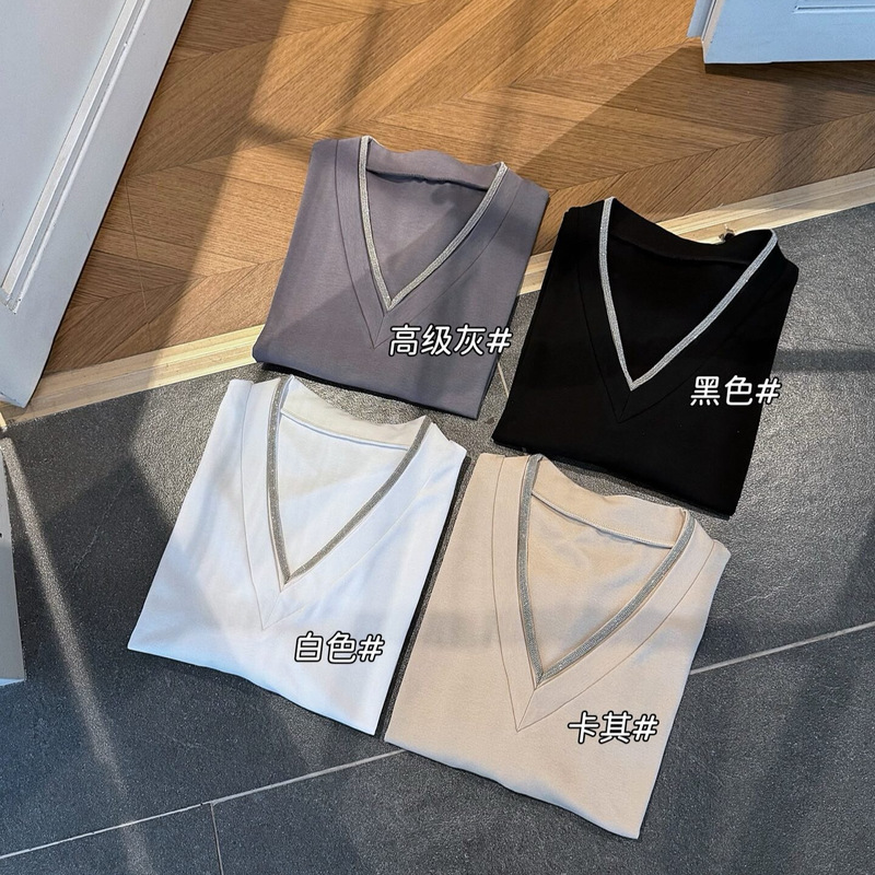 Cross-Border Foreign Trade V-Neck Beaded Short-Sleeve 26 Summer Women's T-Shirt with a High-End Elegant Feel, Slim-Fit Top, One-Piece Dropshipping Available Cross-Border Foreign Trade V-Neck Beaded Short-Sleeve 26 Summer Women's T-Shirt with a High-End Elegant Feel, Slim-Fit Top, One-Piece Dropshipping Available