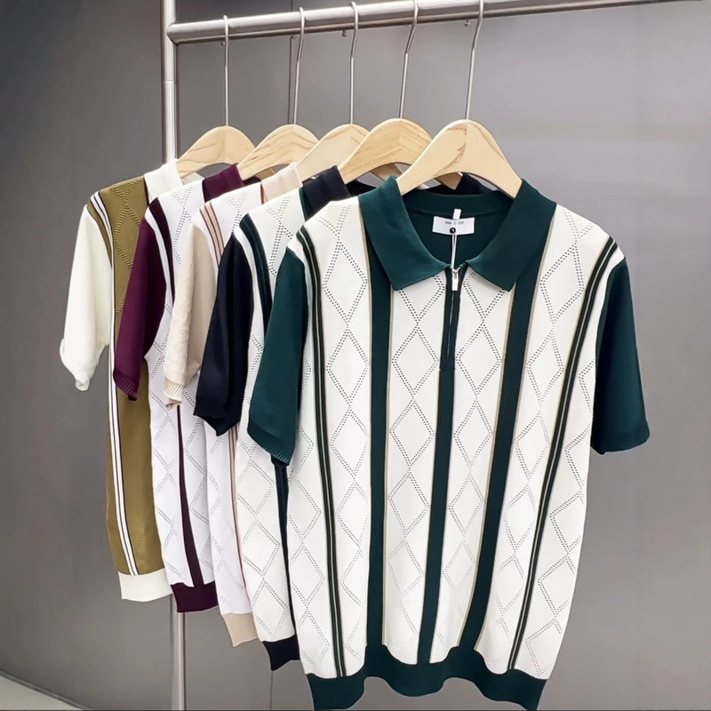 2026 Summer Half-Zip Ice Silk Knit Shirt for Men, Striped Short-Sleeve, Turn-Down Collar, Hollow-Out, Fashionable Casual Half-Sleeve
