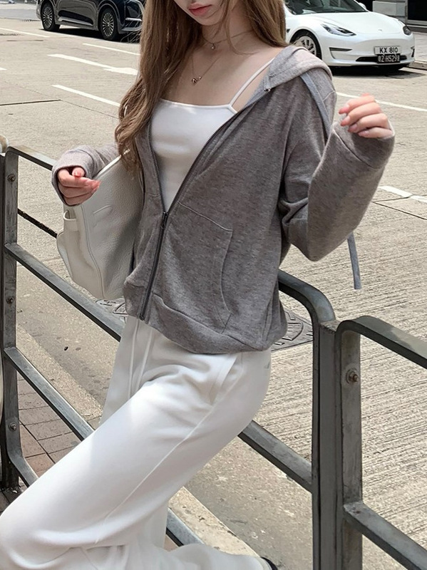 早安樊樊把妹王白色连帽卫衣拉链外套女薄款斜肩短款开衫上衣|undefined
