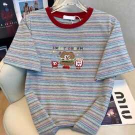 【官图 原版色织条荧光棉】特大码300斤刺绣条纹短袖t恤女夏季