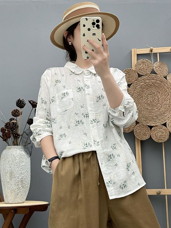 2025秋季新款 清新甜美碎花长袖衬衫女双层棉纱宽松休闲百搭衬衣|undefined