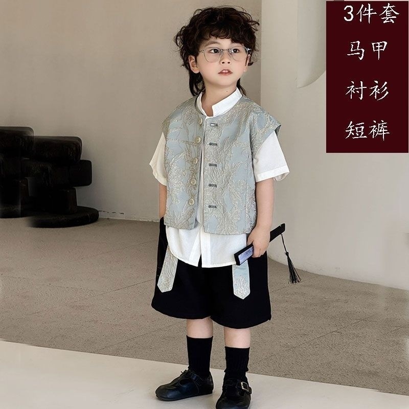 男の子半袖シャツスーツラウンドネックベストレトロ漢服スタンドカラーディスクスタイル中国風夏ファッション唐スーツ|undefined