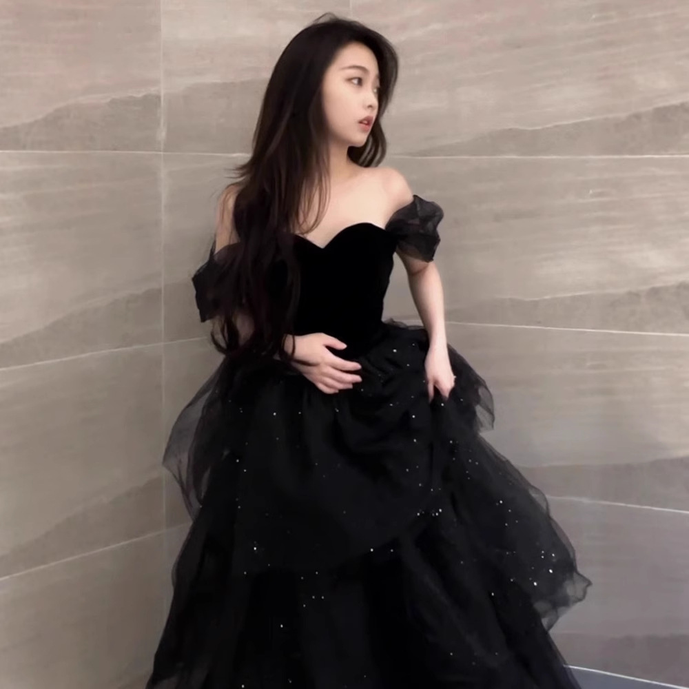 Váy dạ hội tutu kiểu Pháp màu đen sang trọng, dáng maxi thắt eo, phù hợp lễ tốt nghiệp, lễ trưởng thành — Màu đen