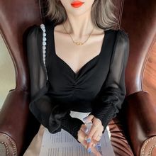 泡泡袖打底衫针织t恤女2025秋冬季新款洋气设计感v领拼接雪纺上衣