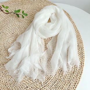 Retro Pleated Pure Color Tencel Wool Scarf, Versatile Summer Neck Protector, Large Shawl, Light and Breathable Silk Scarf for Women