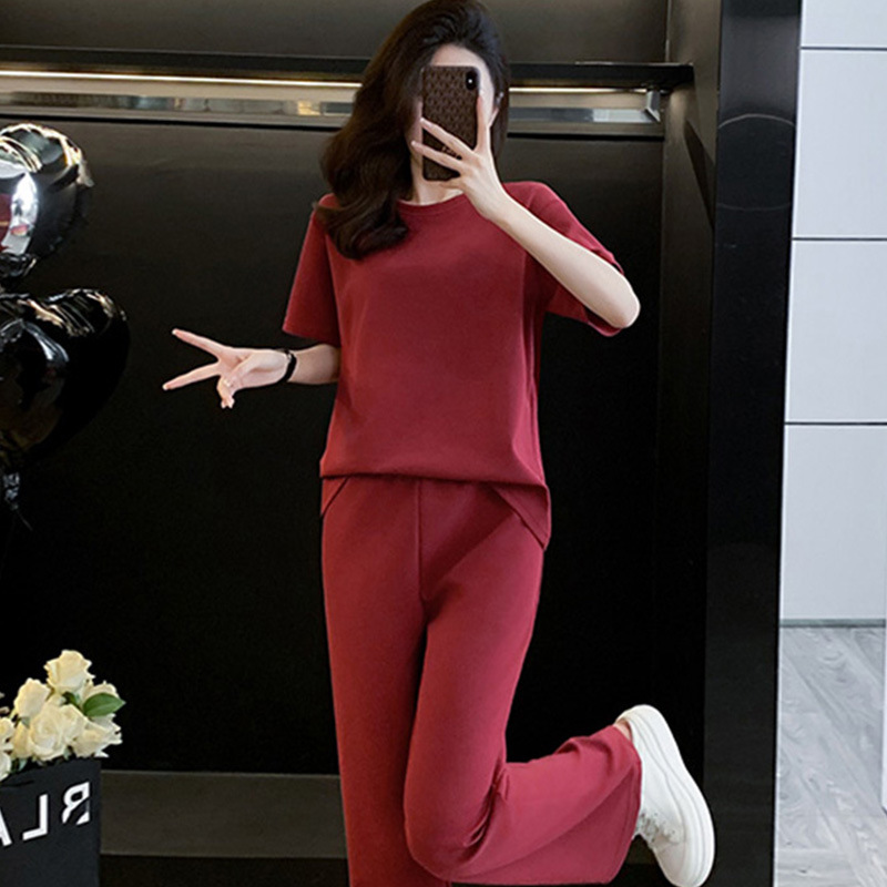 여름철 여성용 모조 면 스포츠 캐주얼 슈트, 슬리밍, 연령 감소, 패셔너블한 반팔 와이드 팬츠 투피스 세트, 서양식