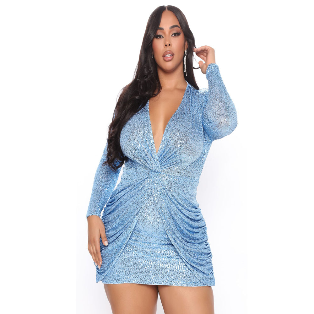 plus size Deep V Sequin Long Sleeve tight solid color Dress NSDLY118712