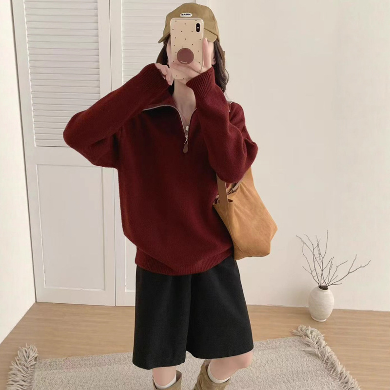 韩系半拉链翻领套头毛衣女2025秋冬季新款宽松百搭针织衫上衣|undefined